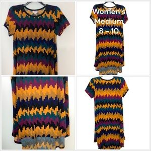 Women's LuLaRoe Medium 8 - 10 Dress Mustard Green Pattern Crewneck Short Sleeve